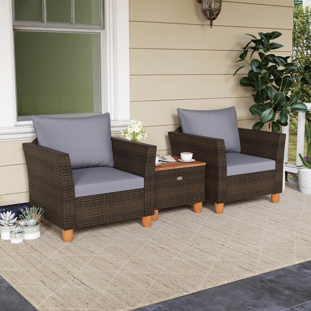 Costway 3 PCS Outdoor Patio Rattan Bistro Furniture Set Wooden Table Top Cushioned Sofa Gray/Black/Beige/Navy